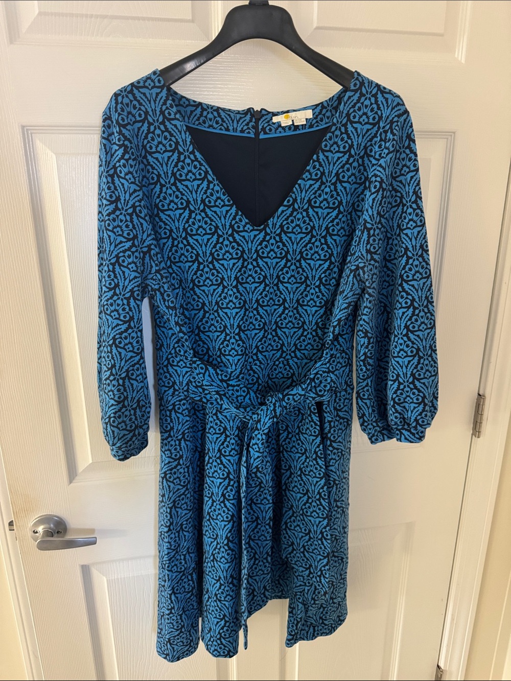 Boden Teal and Black Printed V-Neck Long Sleeve Dress with Tie